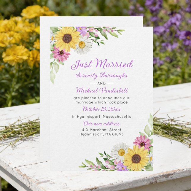 Floral Sunflower Daisy Just Married Wedding Invitation (Creator Uploaded)