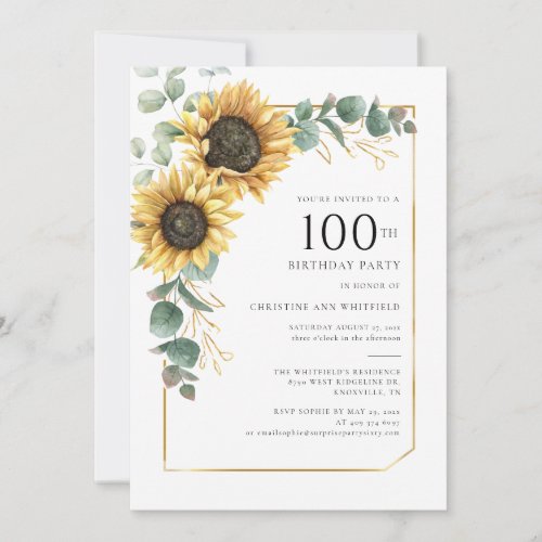 Floral Sunflower Eucalyptus 100th Birthday Invitation