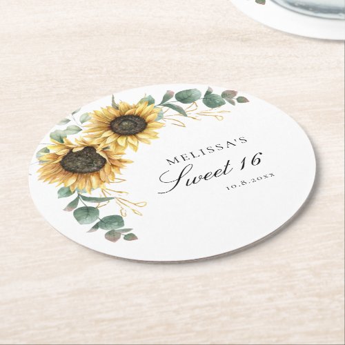 Floral Sunflower Eucalyptus 16th Birthday Party Round Paper Coaster