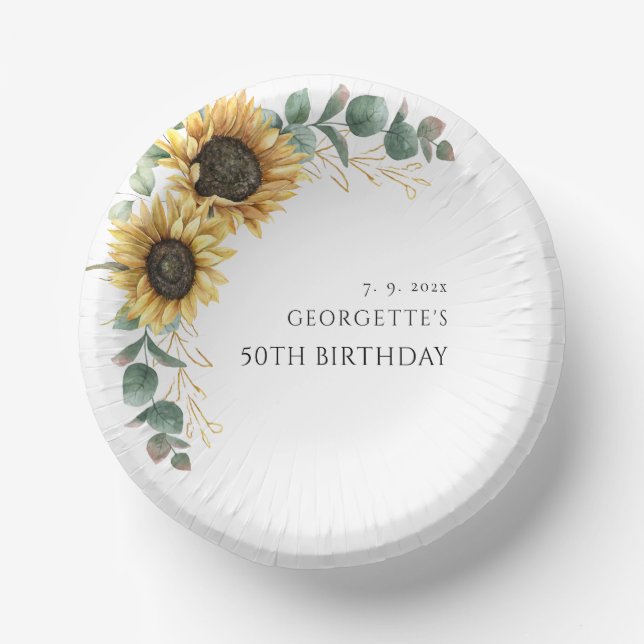 Floral Sunflower Eucalyptus 50th Birthday Paper Bowls (Front)