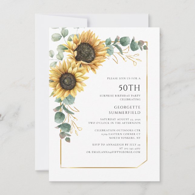 Floral Sunflower Eucalyptus 50th Birthday Party Invitation (Front)