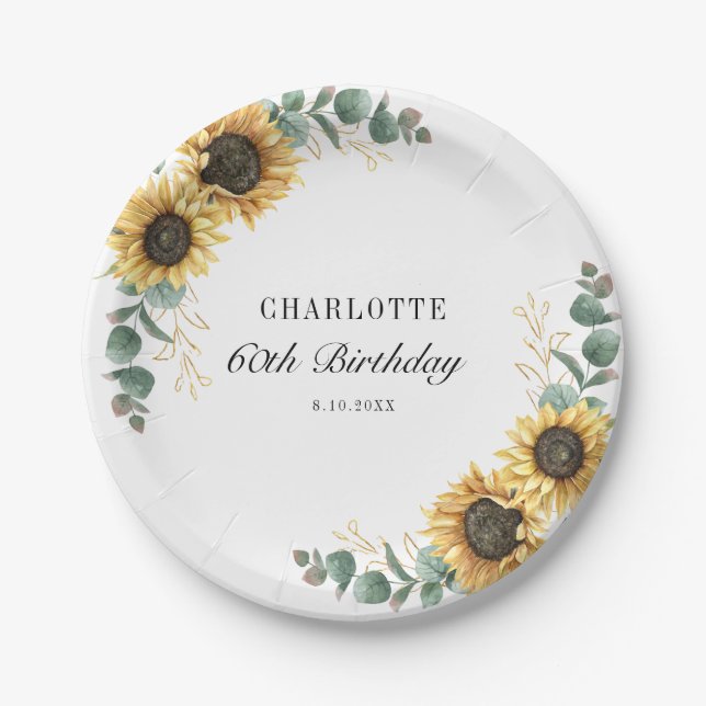 Floral Sunflower Eucalyptus 60th Birthday  Paper Plates (Front)