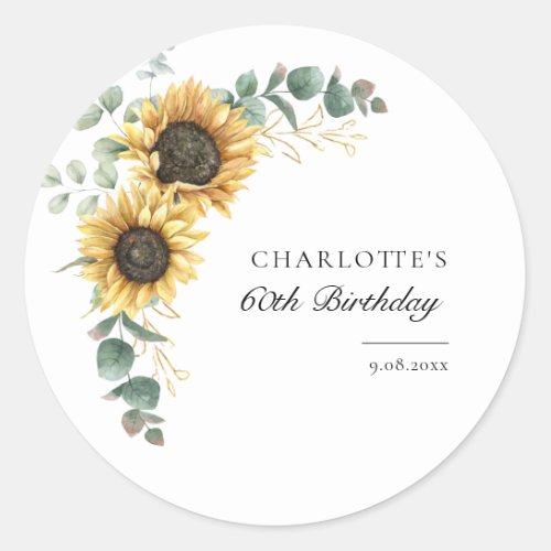 Floral Sunflower Eucalyptus 60th Birthday Party Classic Round Sticker