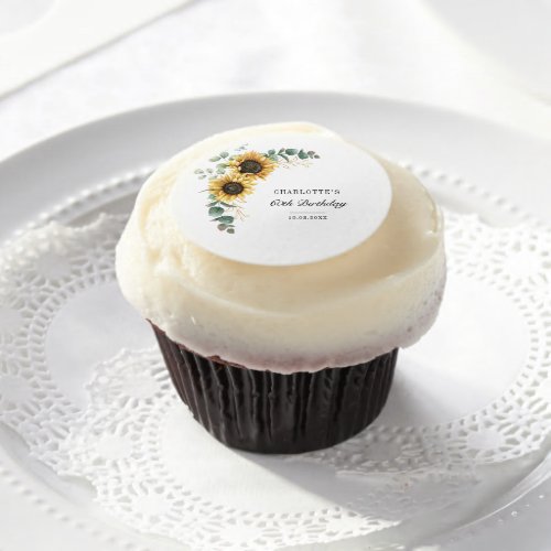 Floral Sunflower Eucalyptus 60th Birthday Party Edible Frosting Rounds