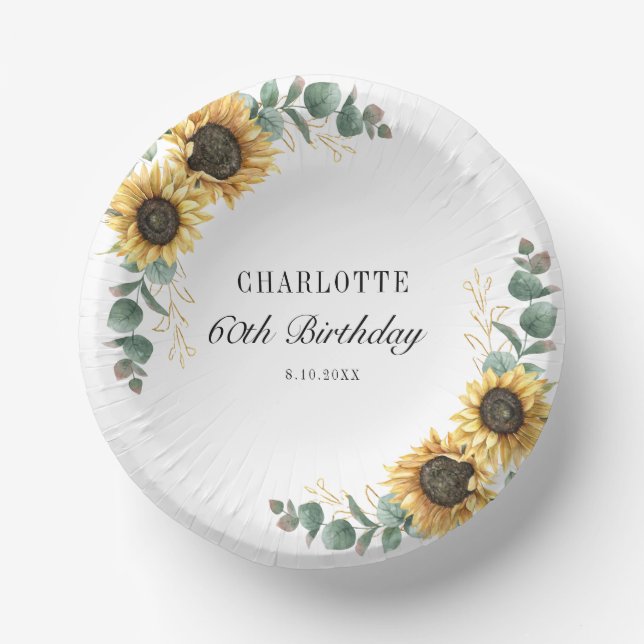 Floral Sunflower Eucalyptus 60th Birthday Party Paper Bowls (Front)