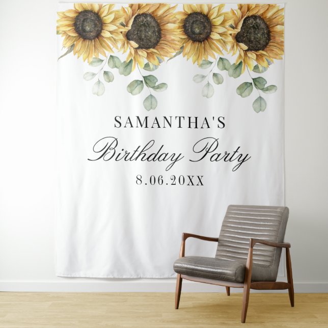 Floral Sunflower Eucalyptus 60th Birthday Party Tapestry (In Situ)