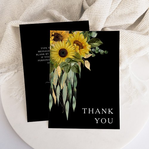 Floral Sunflower Eucalyptus Black Wedding Thank You Card