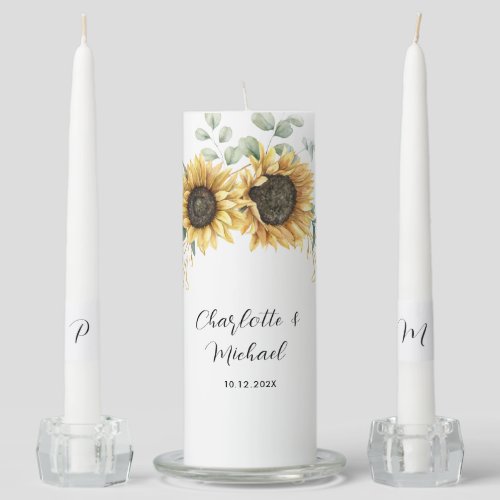 Floral Sunflower Eucalyptus Botanical Wedding Unity Candle Set