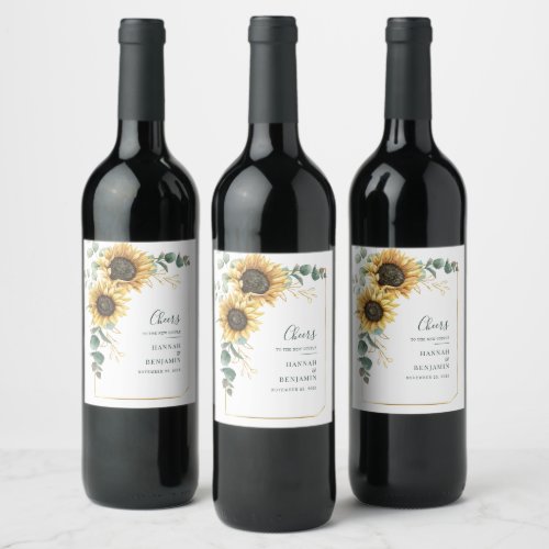 Floral Sunflower Eucalyptus Botanical Wedding Wine Label