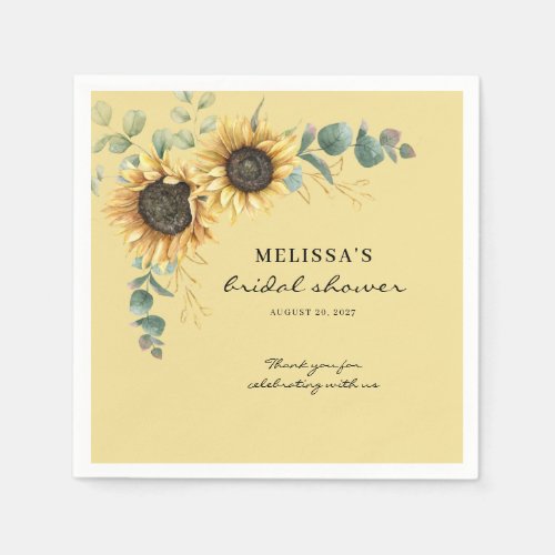 Floral Sunflower Eucalyptus Bridal Shower Paper Napkins