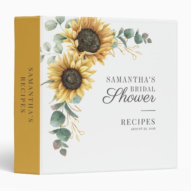 Floral Sunflower Eucalyptus Bridal Shower Recipe 3 Ring Binder (Front/Spine)