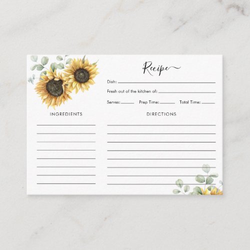 Floral Sunflower Eucalyptus Bridal Shower Recipe Enclosure Card