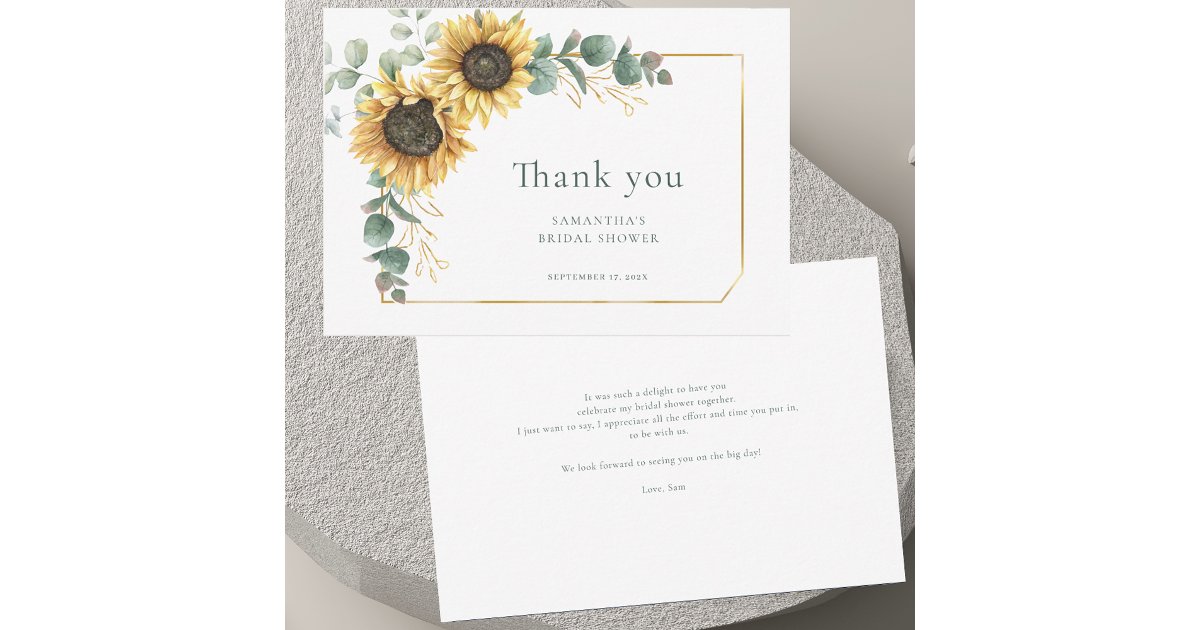 Floral Sunflower Eucalyptus Elegant Bridal Shower Thank You Card | Zazzle