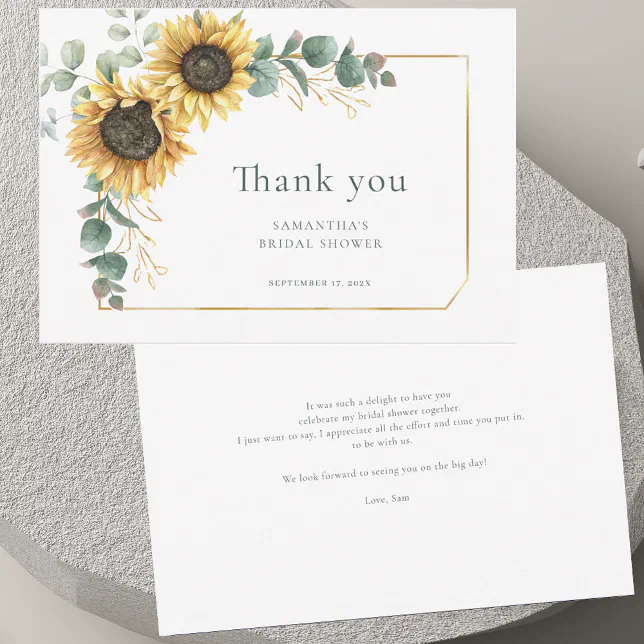 Floral Sunflower Eucalyptus Elegant Bridal Shower Thank You Card | Zazzle
