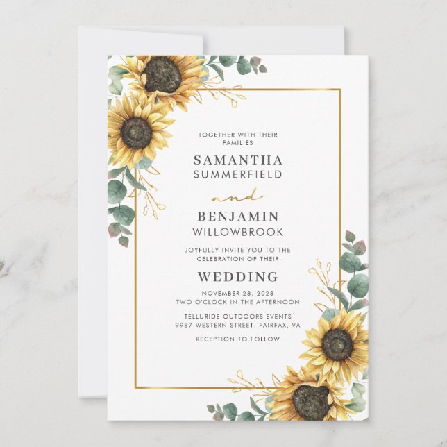 Floral Sunflower Eucalyptus Geometric Wedding Invitation (Front)