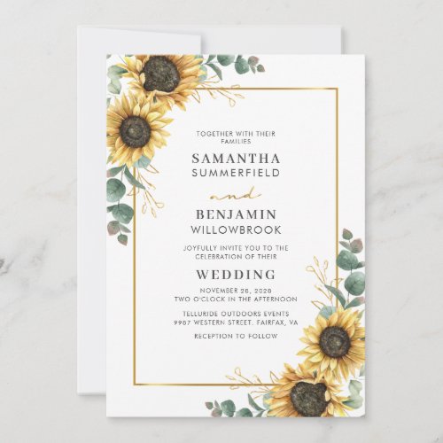 Floral Sunflower Eucalyptus Geometric Wedding Invitation
