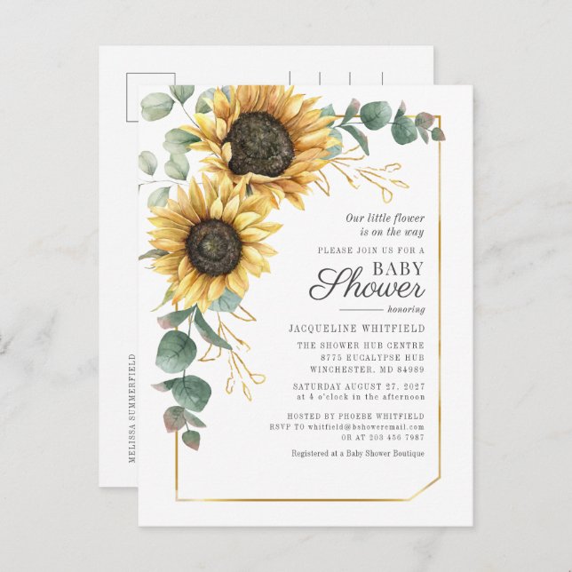 Floral Sunflower Eucalyptus Greenery Baby Shower Invitation Postcard (Front/Back)