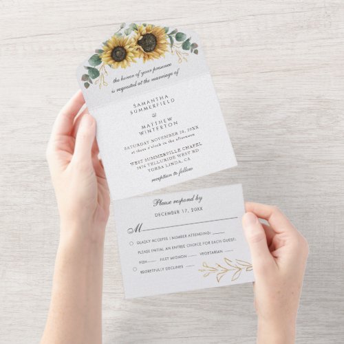 Floral Sunflower Eucalyptus Greenery Wedding All In One Invitation