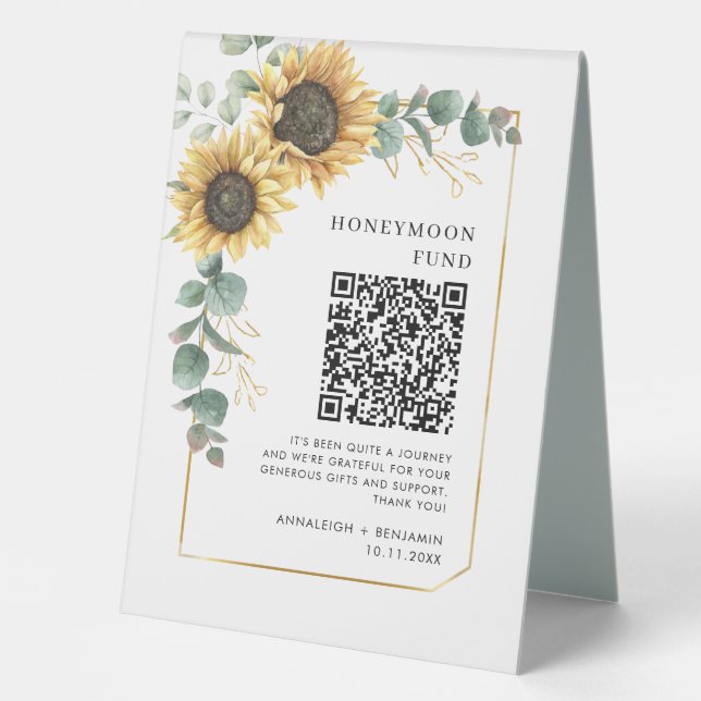 Floral Sunflower Eucalyptus Honeymoon Fund QR Code Table Tent (Front)