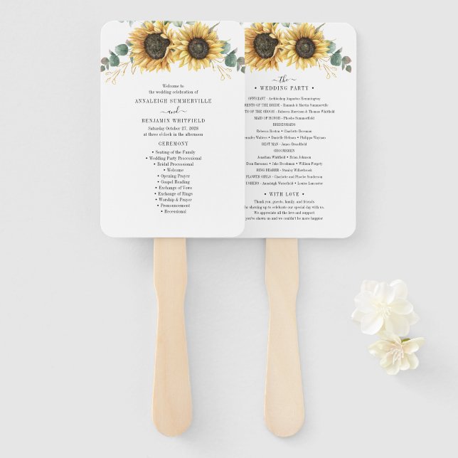 Floral Sunflower Eucalyptus Leaves Wedding Program Hand Fan (Front and Back)