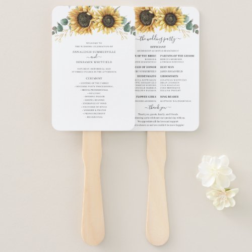 Floral Sunflower Eucalyptus Leaves Wedding Program Hand Fan