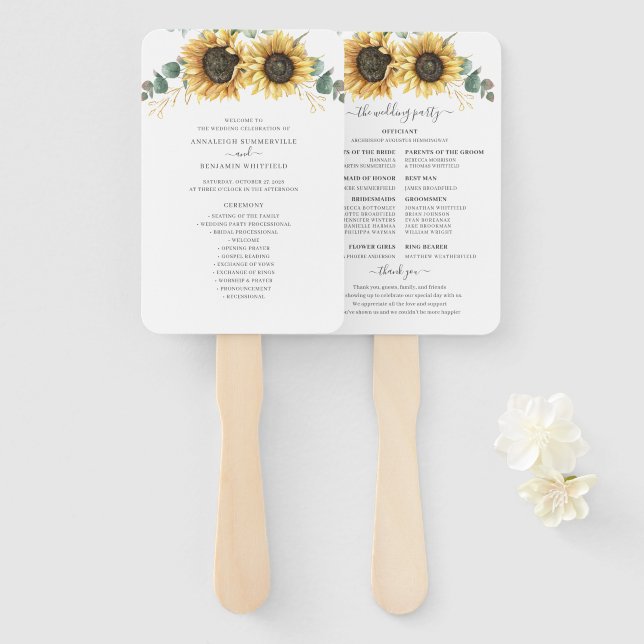 Floral Sunflower Eucalyptus Leaves Wedding Program Hand Fan (Front and Back)