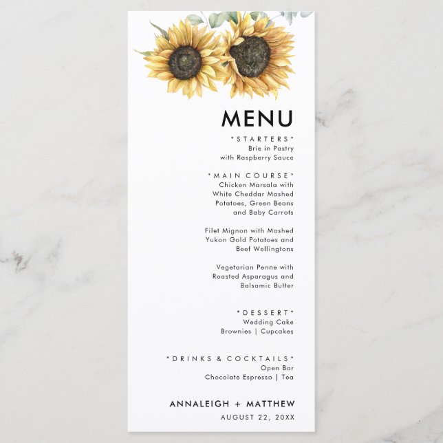 Floral Sunflower Eucalyptus Modern Wedding Menu (Front)
