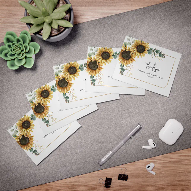 Floral Sunflower Eucalyptus Photo Wedding Thank You Card | Zazzle