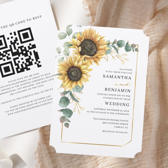 Floral Sunflower Eucalyptus QR Code Rustic Wedding Invitation (Floral Sunflower Eucalyptus QR Code Rustic Wedding Invitation)