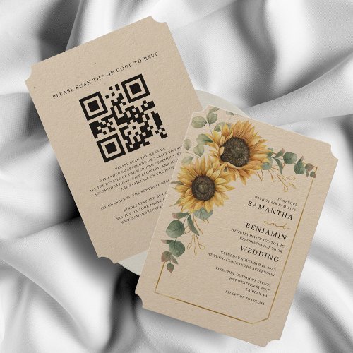 Floral Sunflower Eucalyptus QR Code Rustic Wedding Invitation