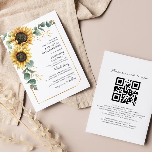 Floral Sunflower Eucalyptus QR Code Wedding Invitation