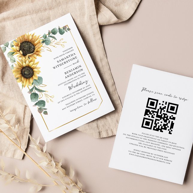 Floral Sunflower Eucalyptus QR Code Wedding Invitation (Floral Sunflower Eucalyptus QR Code Script All-in-One Wedding Invitation)