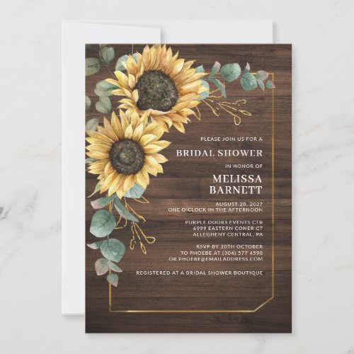 Floral Sunflower Eucalyptus Rustic Bridal Shower Invitation