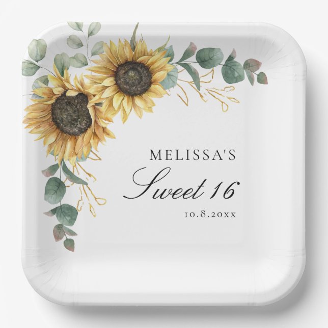 Floral Sunflower Eucalyptus Rustic Sweet 16 Party Paper Plates (Front)