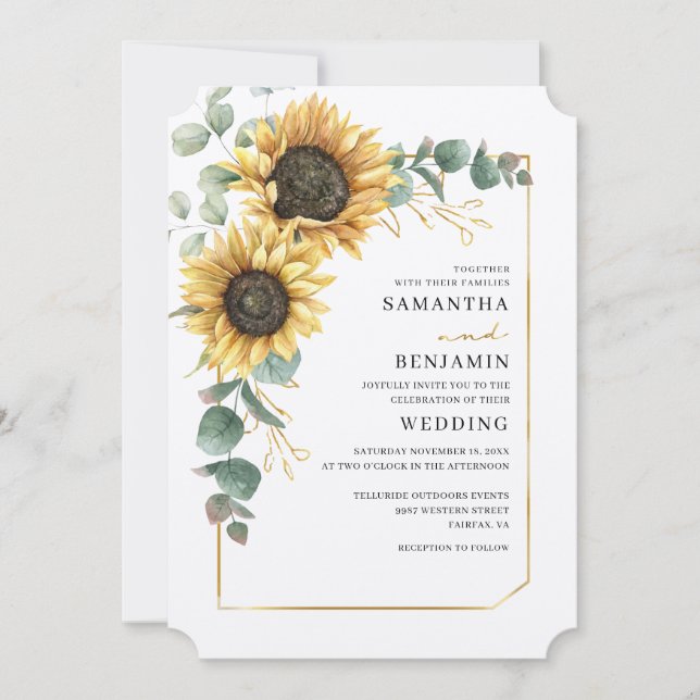 Floral Sunflower Eucalyptus Rustic Wedding Invitation (Front)