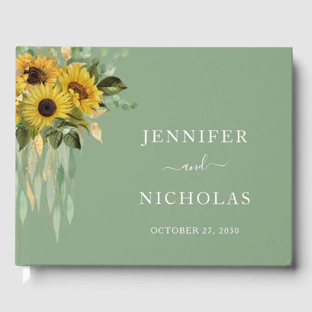 Floral Sunflower Eucalyptus Sage Green Wedding Guest Book (Front)