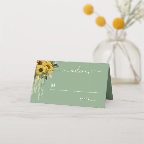 Floral Sunflower Eucalyptus Sage Green Wedding Place Card