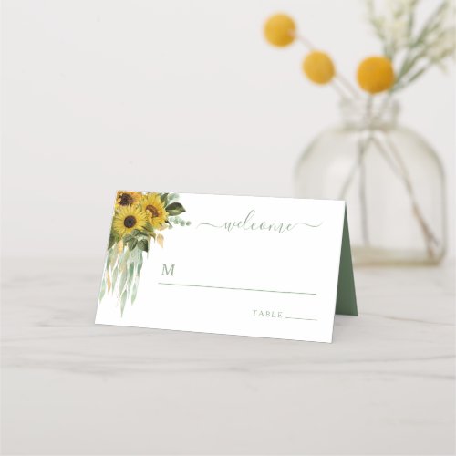 Floral Sunflower Eucalyptus Sage Green Wedding Place Card