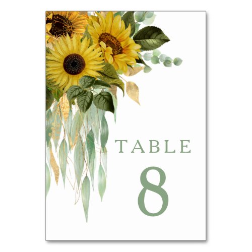 Floral Sunflower Eucalyptus Sage Green Wedding Table Number