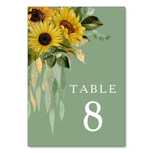 Floral Sunflower Eucalyptus Sage Green Wedding Table Number