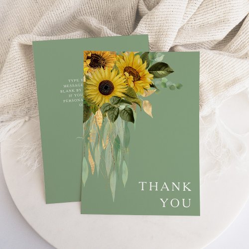 Floral Sunflower Eucalyptus Sage Green Wedding Thank You Card