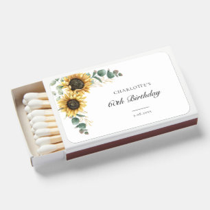 Floral Sunflower Eucalyptus Script 60th Birthday Matchboxes