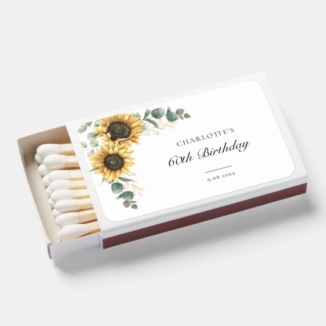 Floral Sunflower Eucalyptus Script 60th Birthday Matchboxes (Front Open)