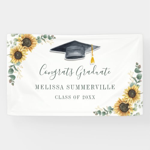 Floral Sunflower Eucalyptus Script Graduation Banner