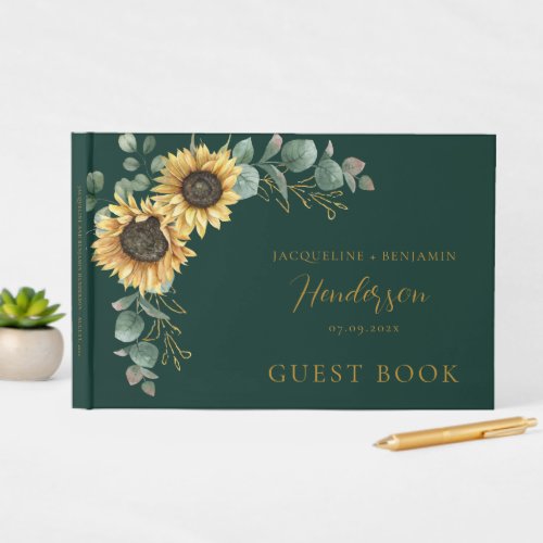 Floral Sunflower Eucalyptus Script Wedding Guest Book