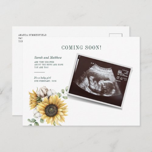 Floral Sunflower Eucalyptus Sonogram Pregnancy Announcement Postcard