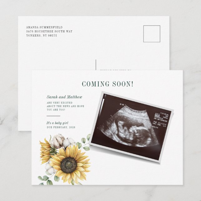 Floral Sunflower Eucalyptus Sonogram Pregnancy Announcement Postcard (Front/Back)