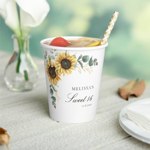 Floral Sunflower Eucalyptus Sweet 16 Party Paper Cups
