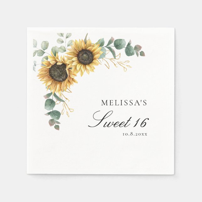 Floral Sunflower Eucalyptus Sweet 16 Party Paper Napkins (Front)