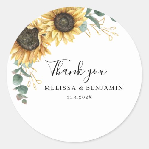 Floral Sunflower Eucalyptus Thank You Classic Round Sticker